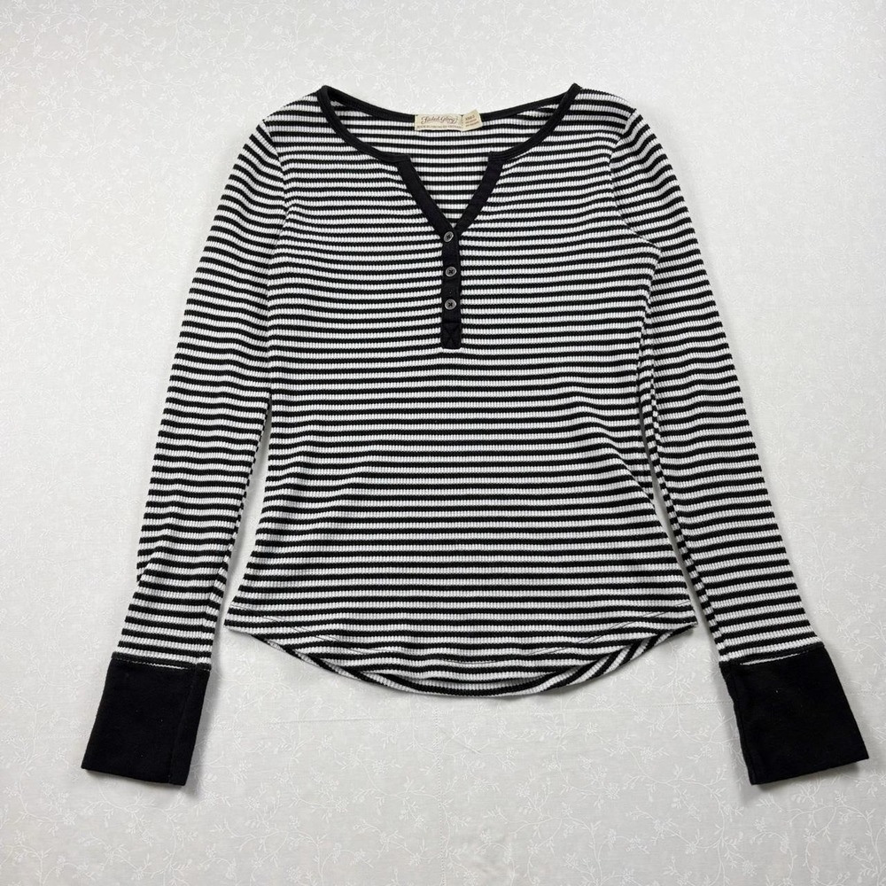 Faded Glory Black & White Striped Henley Top — XS